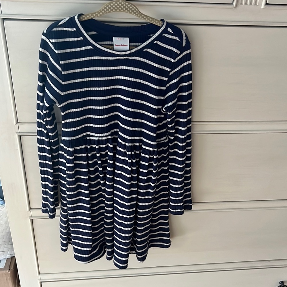 Hanna Anderson dress, navy blue and white strip, size 110 cm / US 5